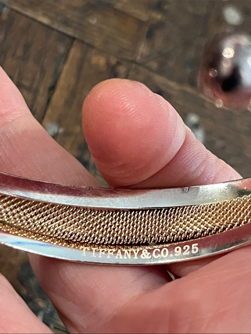 TIFFANY AND CO. 925 signed Goldmesh / Silver Mesh Cuff Bracelet - Women Jewelry - Picture 6 of 9